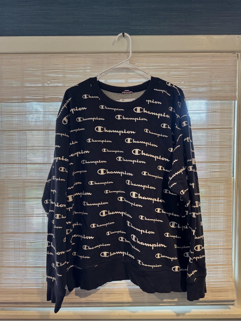 Champion Navy Crewneck Sweatshirt with Allover White Logos
